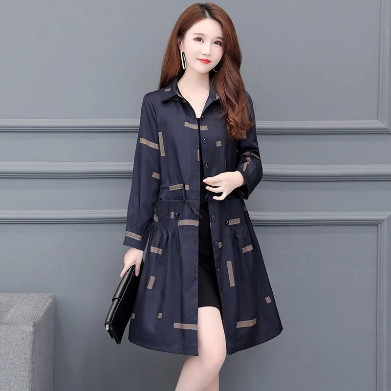 Plus Size Printing Trench Coat Womens Long  Autumn Winter New Windbreaker Jacket Women Fashion All-match Casual Overcoat